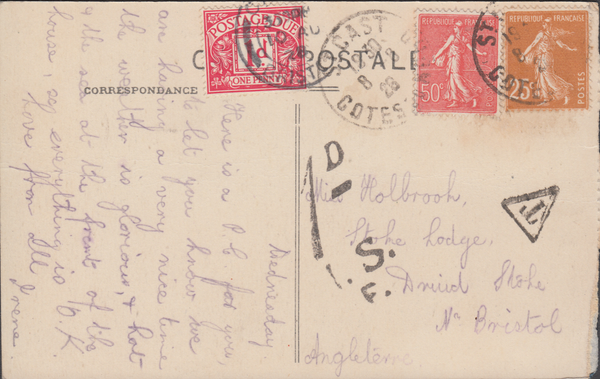 105283 - 1928 UNDERPAID MAIL FRANCE TO BRISTOL.