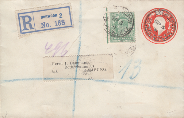 105291 - 1911 MAIL NORWOOD TO HAMBURG.