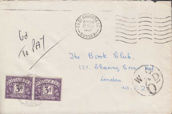 105297 - 1957 UNPAID MAIL EAST GRINSTEAD TO LONDON.