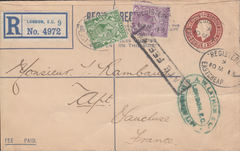 105317 - 1913 LATE FEE/REGISTERED MAIL LONDON TO FRANCE.