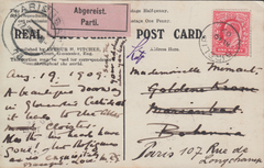 105323 - 1909 UNDELIVERED/RE-DIRECTED MAIL BIRDLIP TO BOHEMIA TO PARIS.