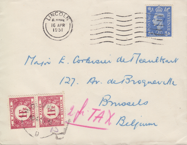 105330 - 1951 UNDERPAID MAIL LINCOLN TO BELGIUM.