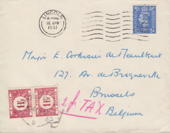 105330 - 1951 UNDERPAID MAIL LINCOLN TO BELGIUM.