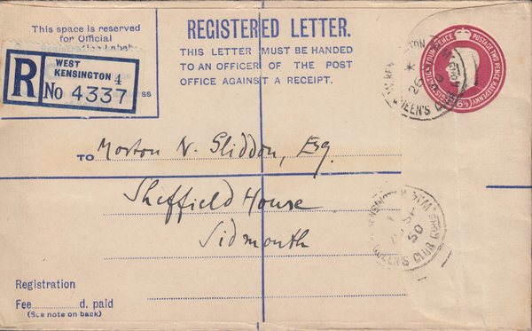 105339 - 1950 REGISTERED MAIL WEST KENSINGTON TO SIDMOUTH/D.M. WOLFF STAMP DEALER.