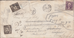 105448 - 1938 UNDERPAID/RE-DIRECTED MAIL BOSTON, U.S.A. TO SURREY AND FALMOUTH.