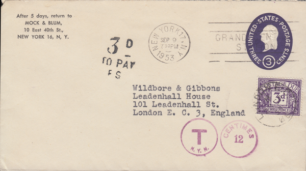 105454 - 1953 UNDERPAID MAIL NEW YORK TO LONDON.
