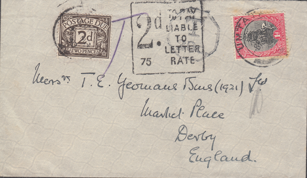 105458 - 1930 UNDERPAID MAIL SOUTH AFRICA TO DERBY.