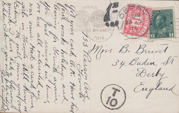 105463 - 1914 UNDERPAID MAIL CANADA TO DERBY.