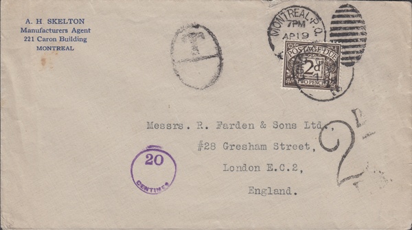 105628 - 1929 UNDERPAID MAIL MONTREAL TO LONDON.