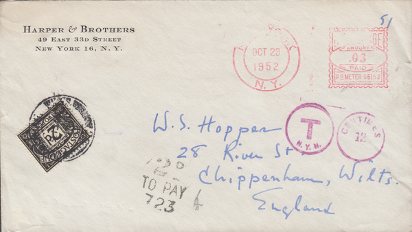 105634 - 1952 UNDERPAID MAIL NEW YORK TO CHIPPENHAM.