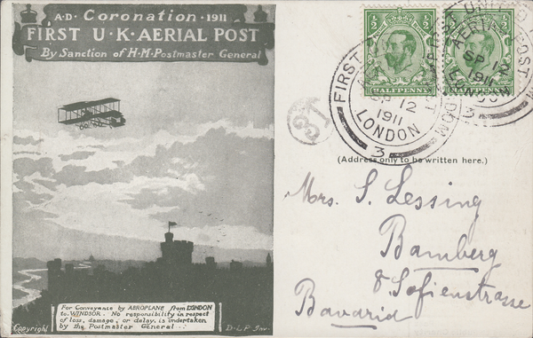 105655 - 1911 FIRST OFFICIAL U.K. AERIAL POST/LONDON POST CARD IN OLIVE-GREEN TO GERMANY.