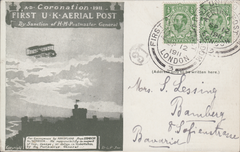 105655 - 1911 FIRST OFFICIAL U.K. AERIAL POST/LONDON POST CARD IN OLIVE-GREEN TO GERMANY.