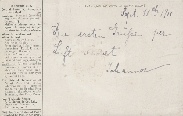 105655 - 1911 FIRST OFFICIAL U.K. AERIAL POST/LONDON POST CARD IN OLIVE-GREEN TO GERMANY.