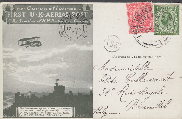 105657 - 1911 FIRST OFFICIAL U.K. AERIAL POST/LONDON POST CARD IN OLIVE-GREEN TO BELGIUM.