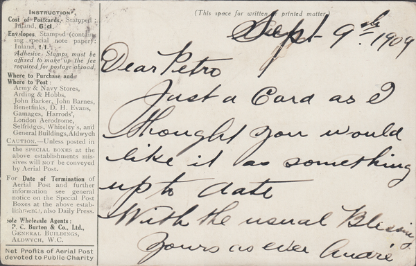 105658 - 1911 FIRST OFFICIAL U.K. AERIAL POST/LONDON POST CARD IN OLIVE-GREEN TO FRANCE.