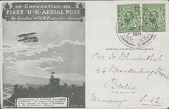 105659 - 1911 FIRST OFFICIAL U.K. AERIAL POST/LONDON POST CARD IN OLIVE-GREEN TO GERMANY.