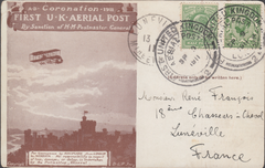 105662 - 1911 FIRST OFFICIAL U.K. AERIAL POST/LONDON POST CARD IN DARK-BROWN TO FRANCE.