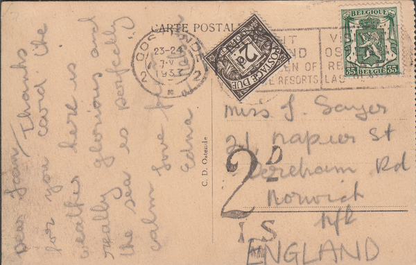 105757 - 1937 UNDERPAID MAIL BELGIUM TO NORWICH.