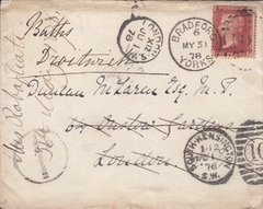 105822 - 1878 RE-DIRECTED MAIL BRADFORD-LONDON-DROITWICH.