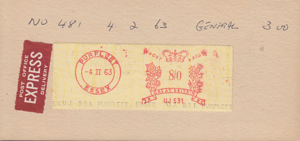 106007 - 1963 PARCEL TAG/POST OFFICE EXPRESS DELIVERY/5S CASTLE.