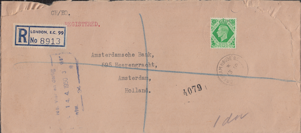 106143 1950 KGVI 7D EMERALD-GREEN (SG471) SINGLE USAGE REGISTERED MAIL LONDON TO HOLLAND.