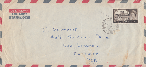 106148 1965 AIR MAIL FIELD POST OFFICE (ADEN) TO USA WITH 2/6 CASTLE.