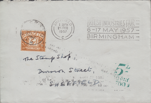 106190 - 1957 UNPAID MAIL USED LOCALLY IN SHEFFIELD.