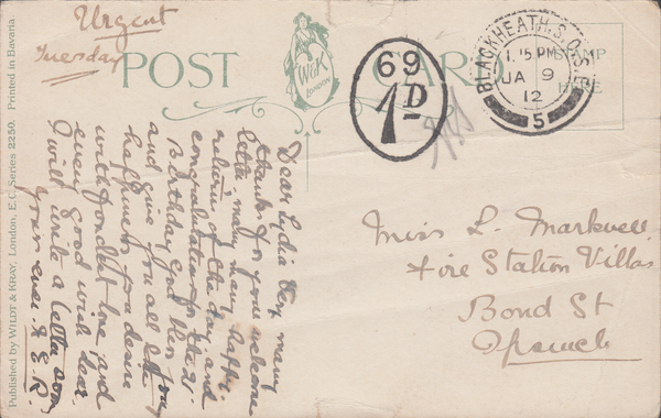 106217 - 1912 UNPAID MAIL BLACKHEATH TO IPSWICH.