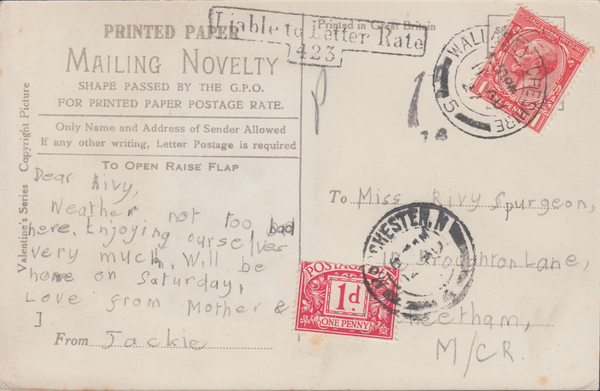 106222 - 1927 UNDERPAID MAIL WALLASEY TO MANCHESTER.