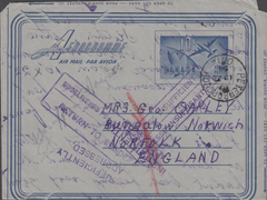 106243 - 1954 CANADIAN AEROGRAMME TO NORFOLK/UNDELIVERED.