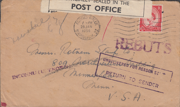 106250 - 1956 UNDELIVERED MAIL BIRMINGHAM TO THE USA.