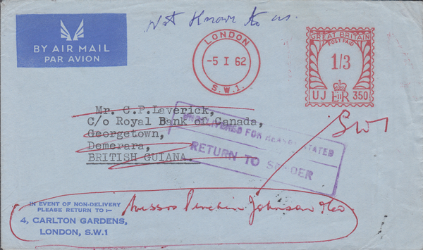 106252 - 1962 UNDELIVERED MAIL LONDON TO BRITISH GUIANA.