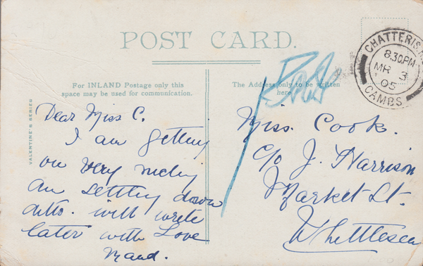 106253 - 1905 UNPAID MAIL CHATTERIS TO WHITTLESEA.