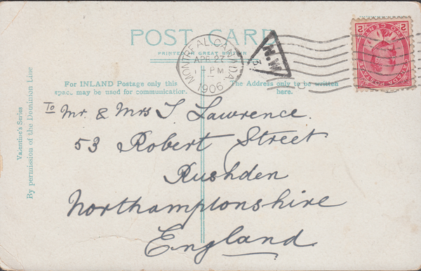 106282 - 1906 MAIL CANADA TO NORTHANTS/INSPECTOR'S MARK.