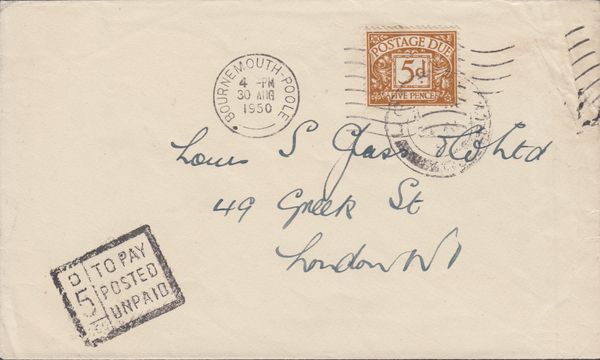 106322 - 1950 UNPAID MAIL BOURNEMOUTH TO LONDON.