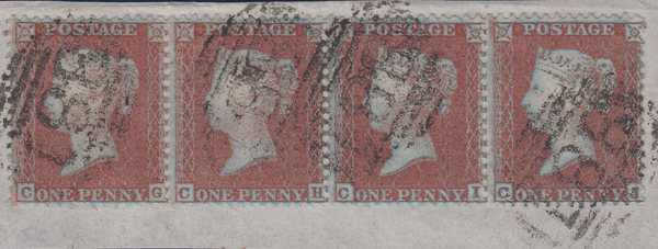 106395 - PL.10 STRIP OF FOUR (CG CH CI CJ) S.C.14 VERY BLUED PAPER (SG24a).