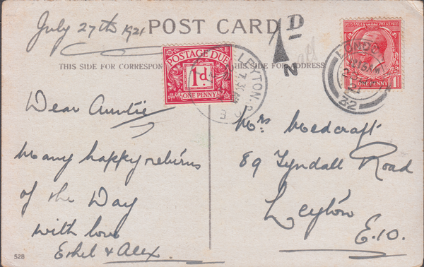 106676 - 1921 UNDERPAID MAIL LONDON TO LEYTON.