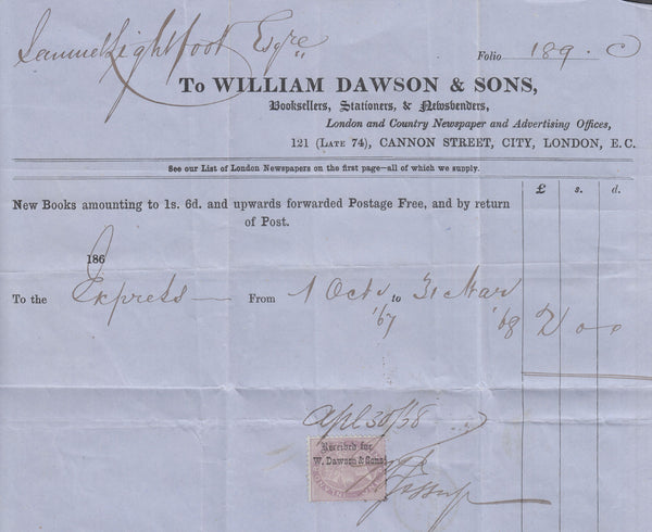 107070 - 1868 MAIL LONDON TO HULL/1D PL.71 (DK)(SG43)/FISCAL STAMP WITHIN.