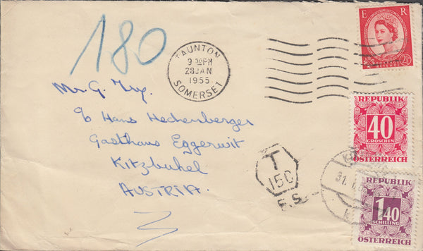 107957 - 1955 UNDERPAID MAIL TAUNTON TO AUSTRIA.