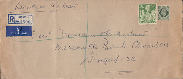 108246 - 1947 REGISTERED MAIL BARNET TO SINGAPORE/2/6 YELLOW-GREEN (SG476b).