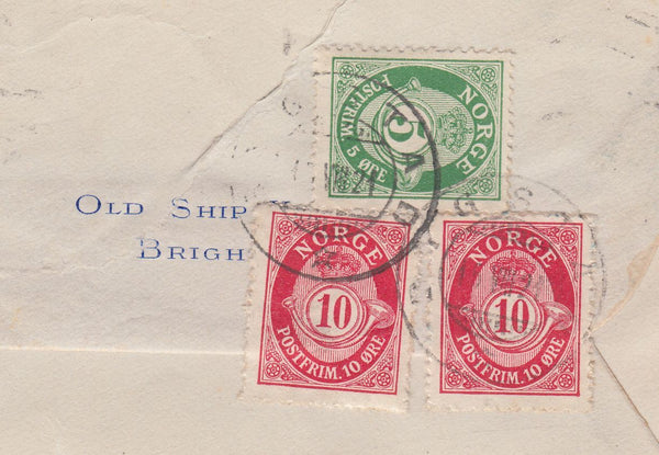 108261 - 1921 UNDERPAID MAIL BRIGHTON TO NORWAY/NORWEIGAN STAMPS USED INSTEAD OF POSTAGE DUES.