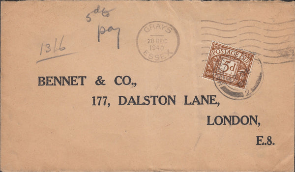 108303 - 1940 UNPAID MAIL GRAYS, ESSEX TO LONDON.