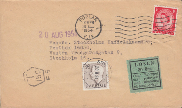 108367 - 1954 UNDERPAID MAIL POPLAR TO SWEDEN.