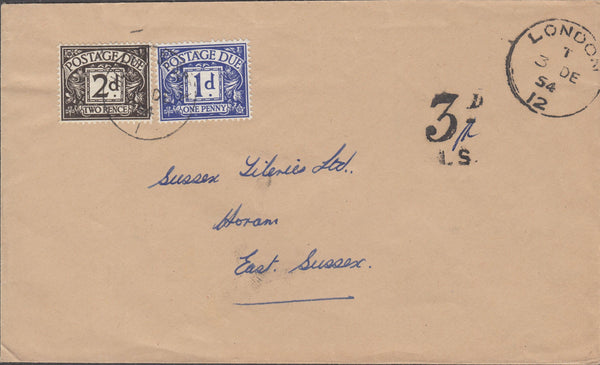 108390 - 1954 UNPAID MAIL LONDON TO HORAM EAST SUSSEX.