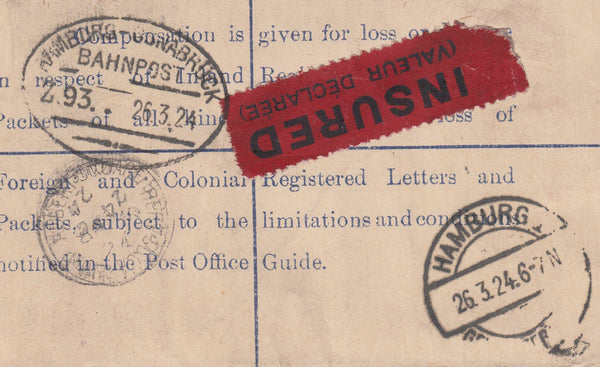 108496 - 1924 REGISTERED INSURED MAIL MANCHESTER TO GERMANY.