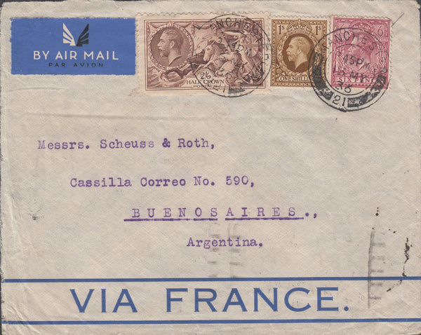 108598 - 1936 MAIL MANCHESTER TO ARGENTINA/2/6 RE-ENGRAVED SEAHORSES (SG450).