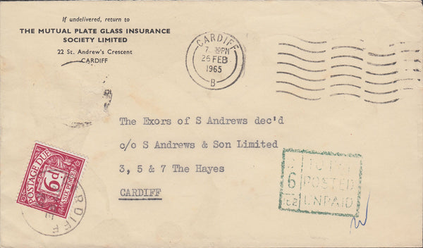 108643 - 1965 UNPAID MAIL USED LOCALLY IN CARDIFF.