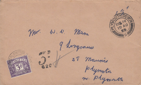 108651 - 1955 UNPAID MAIL USED LOCALLY IN PLYMOUTH.