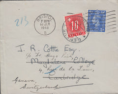 108657 - 1948 RE-DIRECTED MAIL BRISTOL - CAMBRIDGE - SWITZERLAND/POSTAGE DUE.