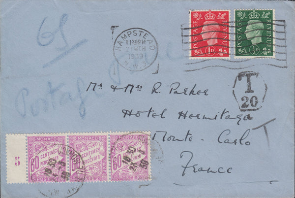 108757 - 1939 UNDERPAID MAIL HAMPSTEAD TO MONTE CARLO.